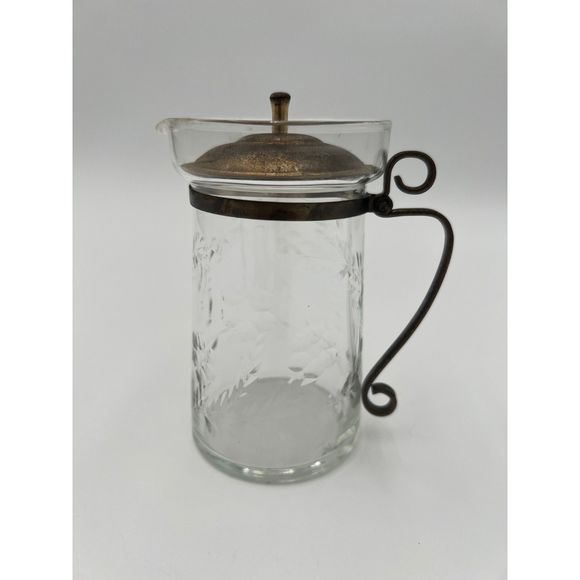 Vintage 1930's Etched Syrup Pitcher Floral Etched‎ Creamer - Picture 1 of 5